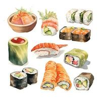 japansk och koreanska mat, vattenfärg uppsättning. ai genererad foto