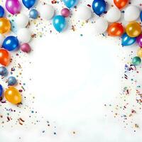 ram med ballonger och konfetti runt om Det. födelsedag och hälsning begrepp. ai genererad foto