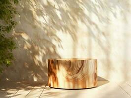 trä- naturlig podium eller piedestal för visa produkt minimal lyx design bakgrund skapas med generativ ai foto