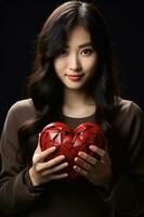 Foto av röd hjärta i flicka hand fokus av hjärta. valentines dag begrepp. generativ ai