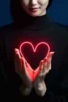 Foto av röd hjärta översikt röd belysning i flicka hand fokus av hjärta. valentines dag begrepp. generativ ai