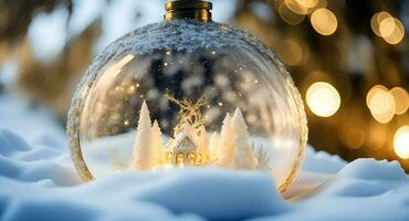 en vinterlig scen av festlig guld och vit jul ornament, innesluten i en glas snö klot. ai genererad foto