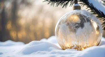 en vinterlig scen av festlig guld och vit jul ornament, innesluten i en glas snö klot. ai genererad foto