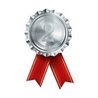 realistisk silver- tilldela medalj med röd band graverat siffra två. premie bricka för vinnare och prestationer foto