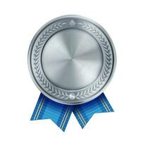 skinande realistisk tömma silver- tilldela medalj med blå band på vit bakgrund. symbol av vinnare och prestationer. foto