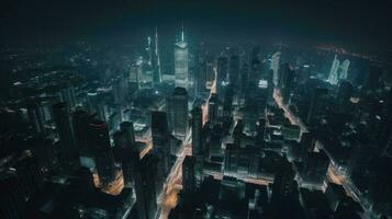 fängslande antenn se av en vibrerande stadsbild på natt, med fascinerande rörelse fläck effekt. blinkande lampor, livliga gator, och ett elektrifierande nattliv atmosfär. generativ ai. foto