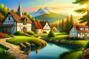 en pittoresk by med färgrik hus, tapet, illustration, konst, bakgrund foto