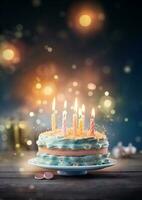 födelsedag färgrik kaka dekorerad med sötsaker, födelsedag kaka med ljus, generativ ai. foto