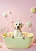 söt labrador retriever hund i en små badkar med tvål skum och bubblor, söt pastell färger, generativ ai. foto