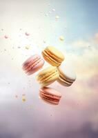 macaron efterrätt. färgrik macaroons flygande, franska macaron småkakor, ljuv efterrätt. foto