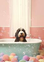 söt svart ryska terrier hund i en små badkar med tvål skum och bubblor, söt pastell färger, generativ ai. foto