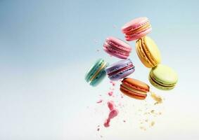 macaron efterrätt. färgrik macaroons flygande, franska macaron småkakor, ljuv efterrätt. foto