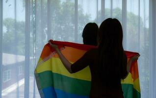 HBTQ par omslag regnbåge flaggor runt om deras älskade de till ha kvar värma och blick ut deras hotell rum fönster tillsammans. foto