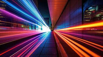 abstrakt dynamisk hastighet ljus spår med lång exponering i ett urban miljö. ai genererad foto