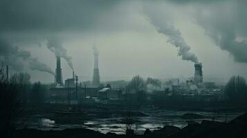 förorenande fabrik bakgrund med massor av svart rök skorstenar, produktion utsläpp, natur förorening tema foto