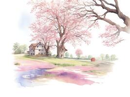 en vattenfärg målning av en lantlig landsbygden scen, ai generativ foto