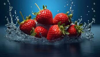 färsk jordgubbar med vatten stänk foto