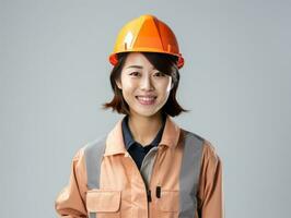 kvinna konstruktion ingenjör i säkerhet hjälm skyddande foto