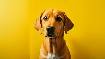 söt brun hund labrador retriever vänd de kamera gul bakgrund närbild ai genererad foto