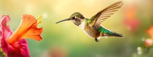 vacker kolibri flygande till blomma för nektar, baner tillverkad med generativ ai foto