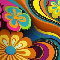 bakgrund med 1970-talet stil spår med färgrik ljus blommor. generativ ai foto