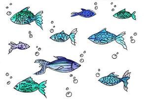 hand dragen uppsättning av fiskar klotter stil. översikt. vattenfärg. bakgrund. affisch. baner. bubblor. foto