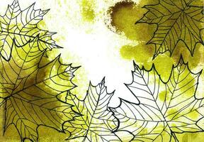 mönster av löv på vattenfärg bakgrund, gräs, lövverk, vattenfärg bläck penna teckning. skog. höst, falla, silhuett foto