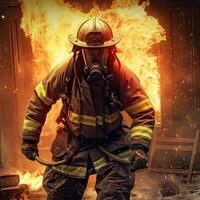 brandman i förgrund med brinnande byggnader i bakgrund. säkerhet brand kämpe team, avdelning brandman i särskild värme resistent skydd kostym. generativ ai illustration. foto