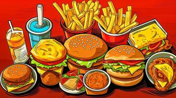 tecknad serie snabb skräp mat, ohälsosam livsmedel bidrar till fetma, tillverkad med generativ ai foto