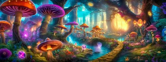 magisk natt lysande skog med hallucinogena svamp, baner, tillverkad med generativ ai foto