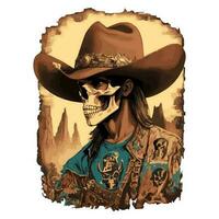 Västra hand dragen årgång rodeo tema grafisk cowboy hatt och nötkreatur skalle illustration vild väster. foto