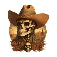 Västra hand dragen årgång rodeo tema grafisk cowboy hatt och nötkreatur skalle illustration vild väster. foto