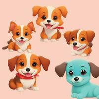 söt hund 3d tecknad serie illustration. skön söt sällskapsdjur hund söt Lycklig leende hund med annorlunda bakgrund foto