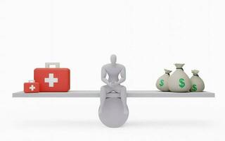 3d framställa av affärsman balansering hälsa och arbete. hälsa och arbete jämförelse illustration. foto