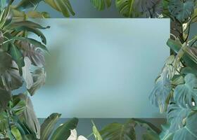 bakgrund med tropisk växter och tömma Plats för text. ram, gräns med kopia Plats i de mitten. realistisk löv. 3d tolkning. foto