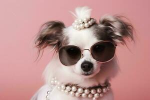 Häftigt hund med solglasögon och halslös på rosa bakgrund. modern utseende, vara trendig. stil och mode. eleganta sällskapsdjur. Smycken, Tillbehör. generativ ai. foto