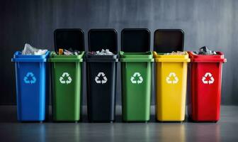 annorlunda färgad avfall papperskorgar, återvinning och separerande annorlunda typer av sopor begrepp. generativ ai foto