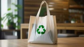 eco återvinna väska bakgrund, Nej plast väska begrepp, sluta använder sig av disponibel paket. generativ ai foto