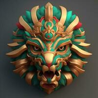 lejon quetzalcoatl huvud, symmetrisk, platt ikon design, 3d framställa. ai genererad foto