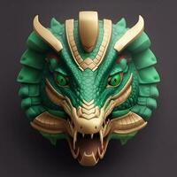 krokodil quetzalcoatl huvud, symmetrisk, platt ikon design, 3d framställa. ai genererad foto