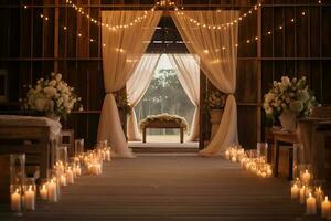 bröllop ceremoni i en trä- interiör med ljus och blommor ai generativ foto