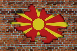 3d flagga av norr macedonia Bakom de bruten gammal sten vägg bakgrund. foto