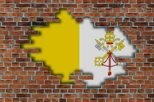 3d flagga av vatican stad Bakom de bruten gammal sten vägg bakgrund. foto