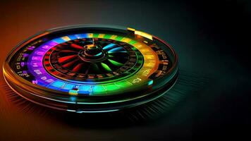 färgrik lysande lampor roulett hjul och kopia Plats på mörk bakgrund, kasino spel begrepp. generativ ai teknologi. foto