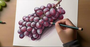 3d konst presenter bild av hand teckning realistisk vindruvor knippa med penna. generativ ai. foto