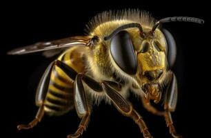 bi en skön och glansig gul bi i en dynamisk porträtt utgör generativ ai foto