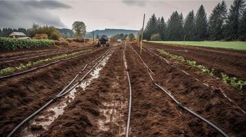 skörd på de bruka en traktor körning på en fält. generativ ai. foto