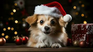 söt hund på de bakgrund av jul leksaker med jul röd hatt. leende hund. genererad förbi artificiell intelligens foto