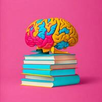 färgrik hjärna med färgrik böcker i rosa bakgrund ai genererad. foto