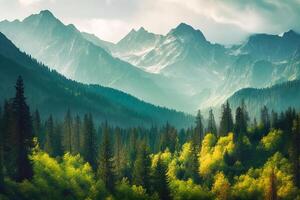 Foto fantasi berg landskap med skog generativ ai